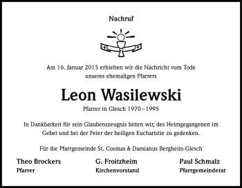 Anzeige von Leon Wasilewski von Kölner Stadt-Anzeiger / Kölnische Rundschau / Express