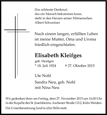Anzeige von Elisabeth Kleifges von Kölner Stadt-Anzeiger / Kölnische Rundschau / Express