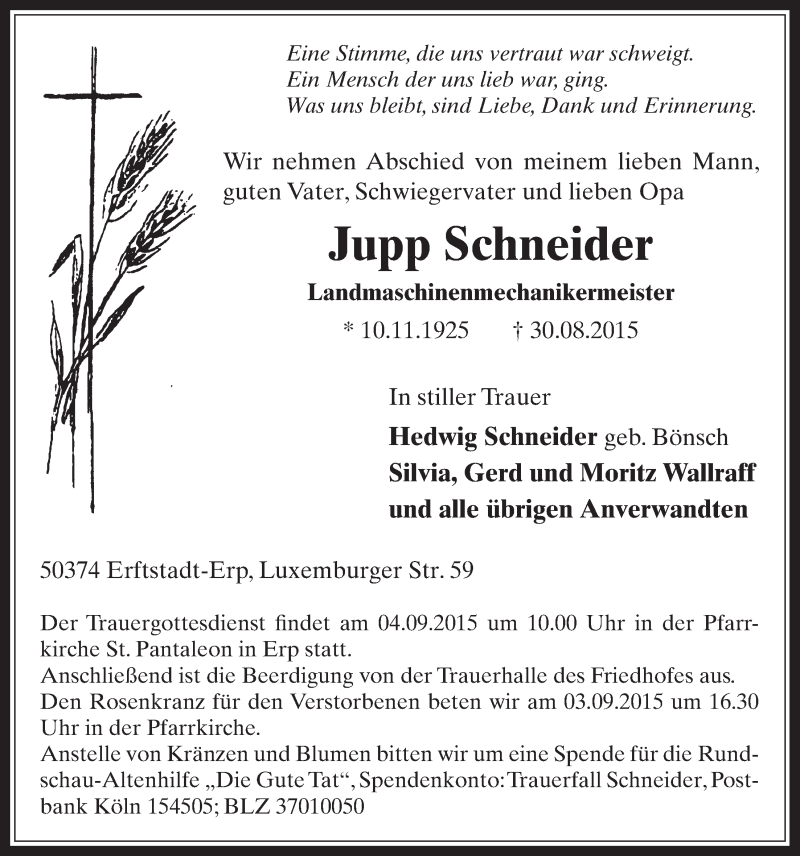  Traueranzeige für Jupp Schneider vom 02.09.2015 aus  Werbepost 