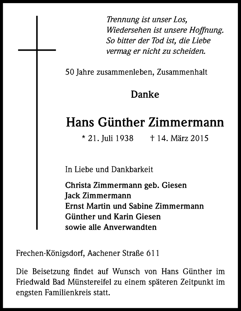  Traueranzeige für Hans Günther Zimmermann vom 21.03.2015 aus Kölner Stadt-Anzeiger / Kölnische Rundschau / Express
