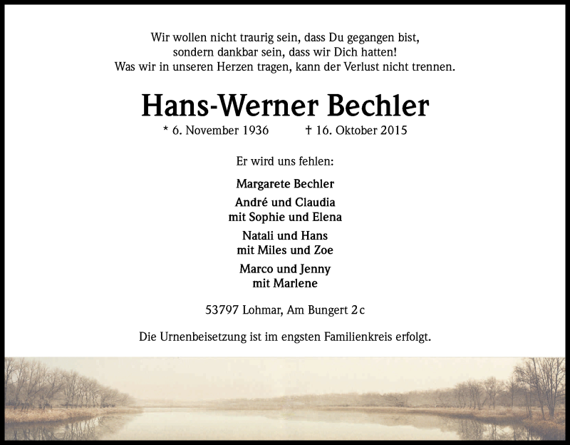  Traueranzeige für Hans-Werner Bechler vom 31.10.2015 aus Kölner Stadt-Anzeiger / Kölnische Rundschau / Express