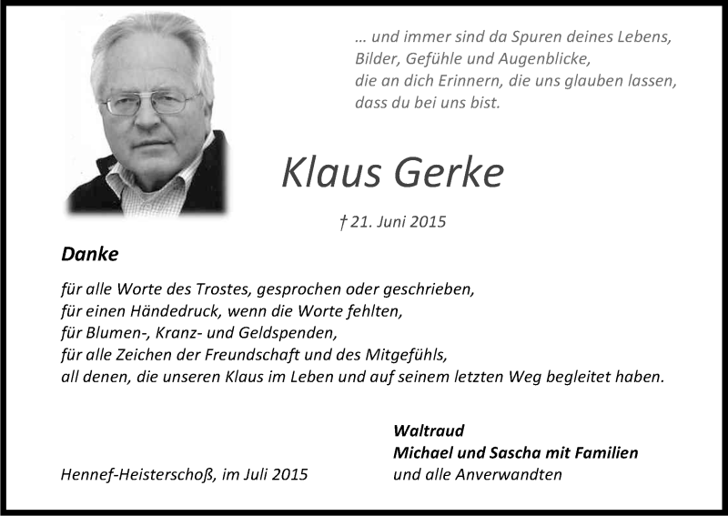  Traueranzeige für Klaus Gerke vom 15.07.2015 aus Kölner Stadt-Anzeiger / Kölnische Rundschau / Express