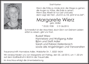 Anzeige von Margarete Wierz von  Schlossbote/Werbekurier 