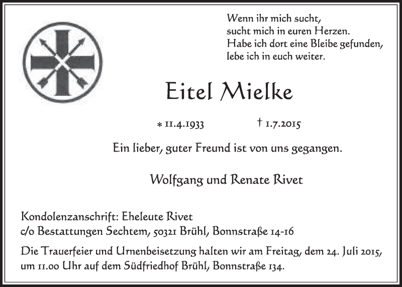  Traueranzeige für Eitel Mielke vom 15.07.2015 aus  Schlossbote/Werbekurier 