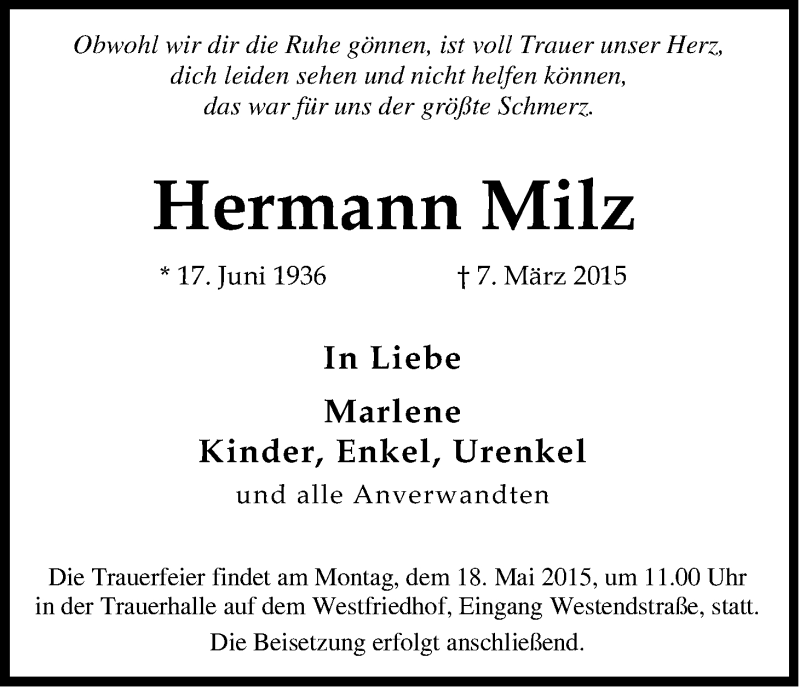  Traueranzeige für Hermann Milz vom 13.05.2015 aus Kölner Stadt-Anzeiger / Kölnische Rundschau / Express