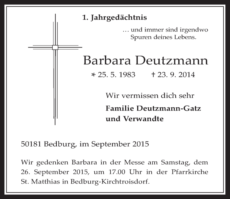  Traueranzeige für Barbara Deutzmann vom 23.09.2015 aus  Werbepost 
