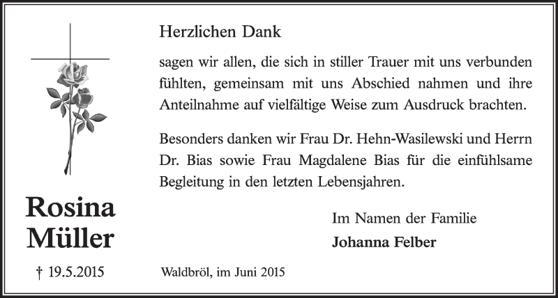  Traueranzeige für Rosina Müller vom 24.06.2015 aus  Lokalanzeiger 