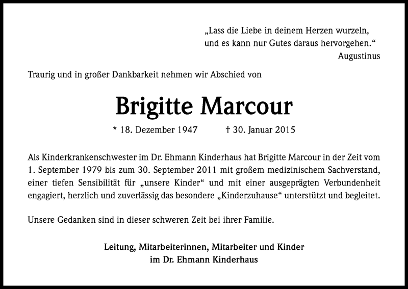  Traueranzeige für Brigitte Marcour vom 07.02.2015 aus Kölner Stadt-Anzeiger / Kölnische Rundschau / Express