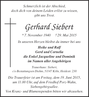Anzeige von Gerhard Siebert von  Kölner Wochenspiegel 