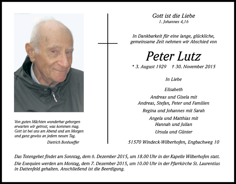  Traueranzeige für Peter Lutz vom 04.12.2015 aus Kölner Stadt-Anzeiger / Kölnische Rundschau / Express