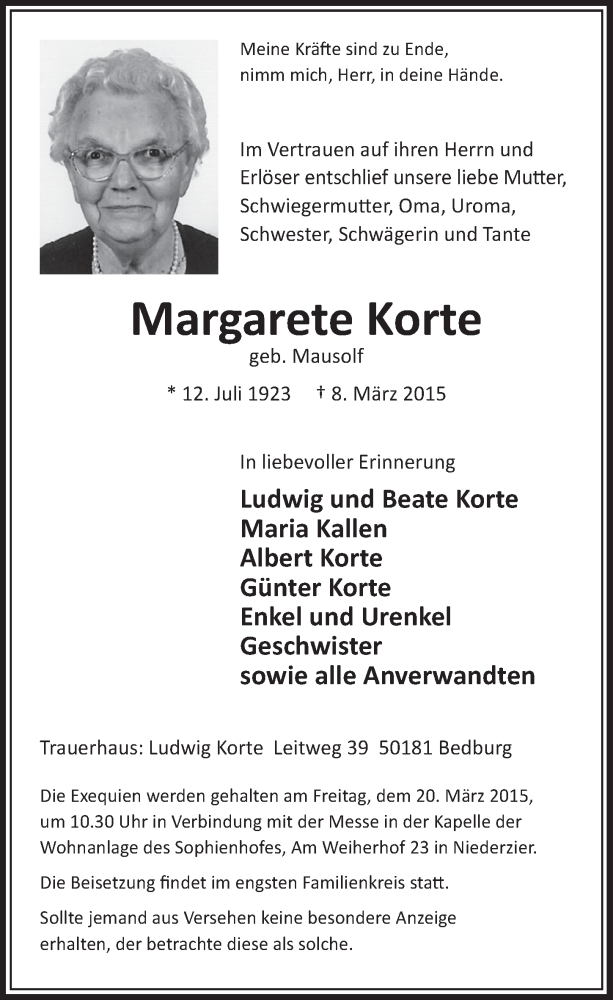  Traueranzeige für Margarete Korte vom 14.03.2015 aus  Sonntags-Post 