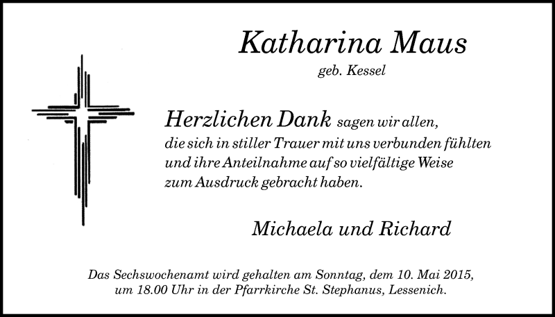  Traueranzeige für Katharina Maus vom 03.05.2015 aus  Blickpunkt Euskirchen 