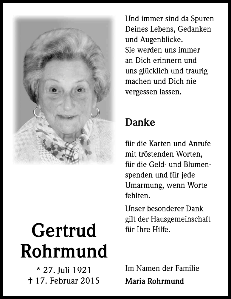  Traueranzeige für Gertrud Rohrmund vom 28.03.2015 aus Kölner Stadt-Anzeiger / Kölnische Rundschau / Express