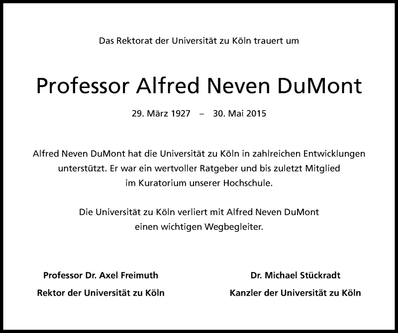  Traueranzeige für Alfred Neven DuMont vom 06.06.2015 aus Kölner Stadt-Anzeiger / Kölnische Rundschau / Express