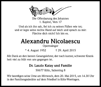 Anzeige von Alexandru Nicolaescu von Kölner Stadt-Anzeiger / Kölnische Rundschau / Express