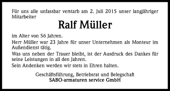 Anzeige von Ralf Müller von Kölner Stadt-Anzeiger / Kölnische Rundschau / Express