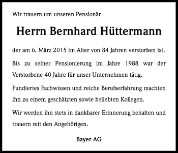 Anzeige von Bernhard Hüttermann von Kölner Stadt-Anzeiger / Kölnische Rundschau / Express