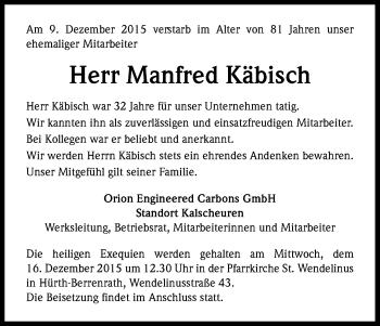 Anzeige von Manfred Käbisch von Kölner Stadt-Anzeiger / Kölnische Rundschau / Express