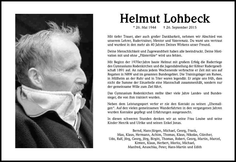  Traueranzeige für Helmut Lohbeck vom 17.10.2015 aus Kölner Stadt-Anzeiger / Kölnische Rundschau / Express