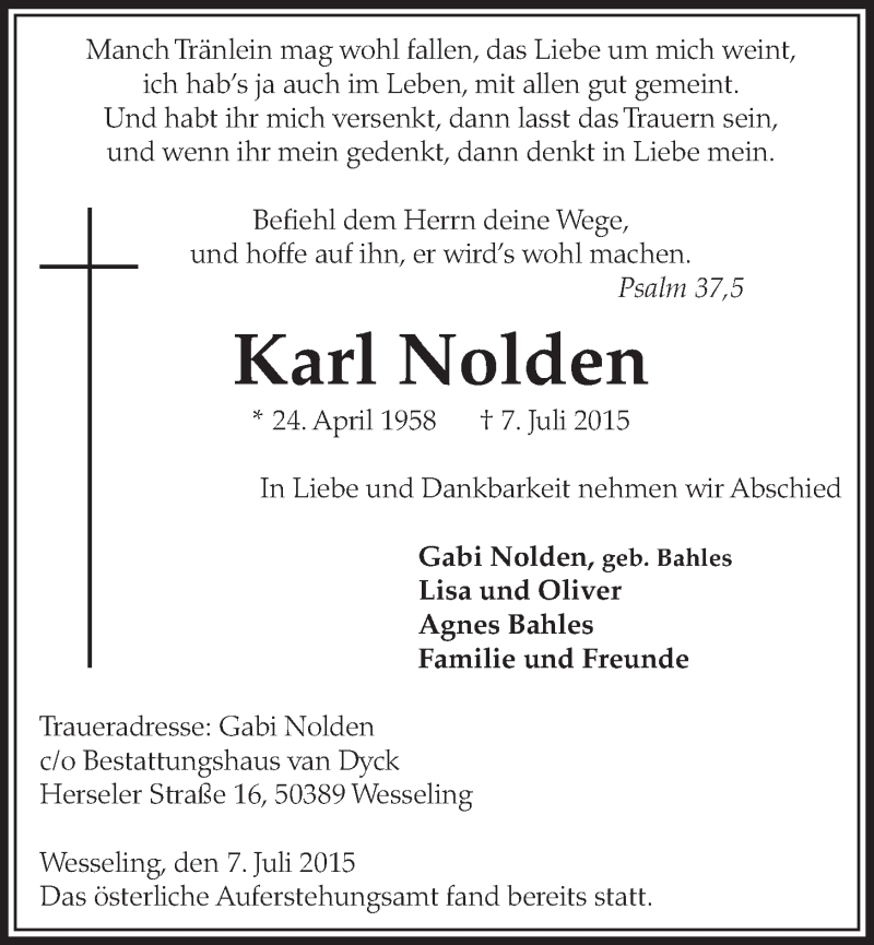 Traueranzeige für Karl Nolden vom 15.07.2015 aus  Schlossbote/Werbekurier 