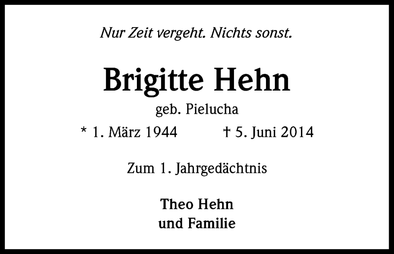  Traueranzeige für Brigitte Hehn vom 06.06.2015 aus Kölner Stadt-Anzeiger / Kölnische Rundschau / Express