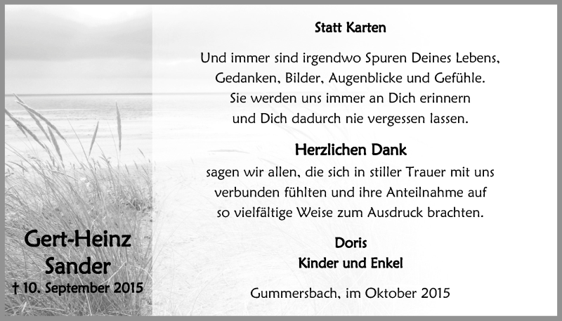  Traueranzeige für Gert-Heinz Sander vom 14.10.2015 aus  Anzeigen Echo 