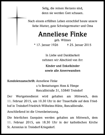 Anzeige von Anneliese Finke von Kölner Stadt-Anzeiger / Kölnische Rundschau / Express