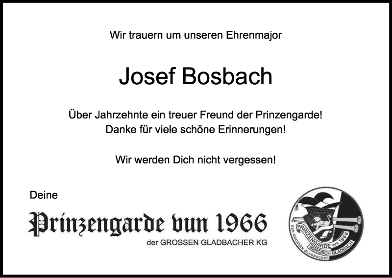  Traueranzeige für Josef Bosbach vom 08.09.2015 aus Kölner Stadt-Anzeiger / Kölnische Rundschau / Express