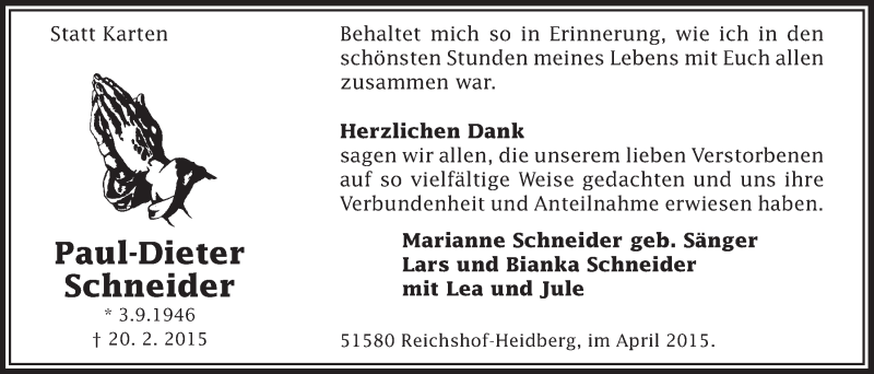  Traueranzeige für Paul-Dieter Schneider vom 15.04.2015 aus  Anzeigen Echo  Lokalanzeiger 
