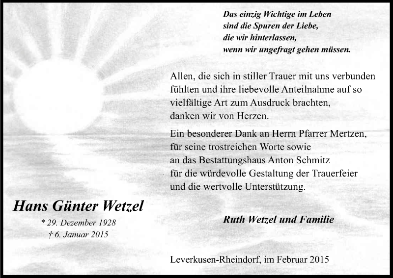  Traueranzeige für Hans Günter Wetzel vom 07.02.2015 aus Kölner Stadt-Anzeiger / Kölnische Rundschau / Express