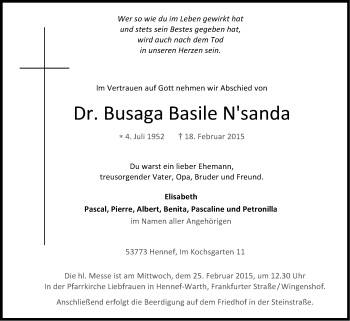 Anzeige von Busaga Basile N'sanda von Kölner Stadt-Anzeiger / Kölnische Rundschau / Express