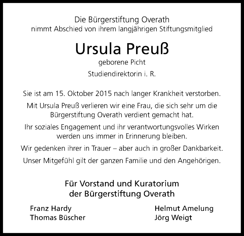  Traueranzeige für Ursula Preuß vom 23.10.2015 aus Kölner Stadt-Anzeiger / Kölnische Rundschau / Express