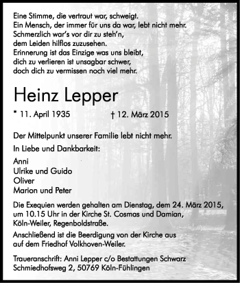 Anzeige von Heinz Lepper von Kölner Stadt-Anzeiger / Kölnische Rundschau / Express