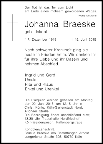 Anzeige von Johanna Braeske von Kölner Stadt-Anzeiger / Kölnische Rundschau / Express