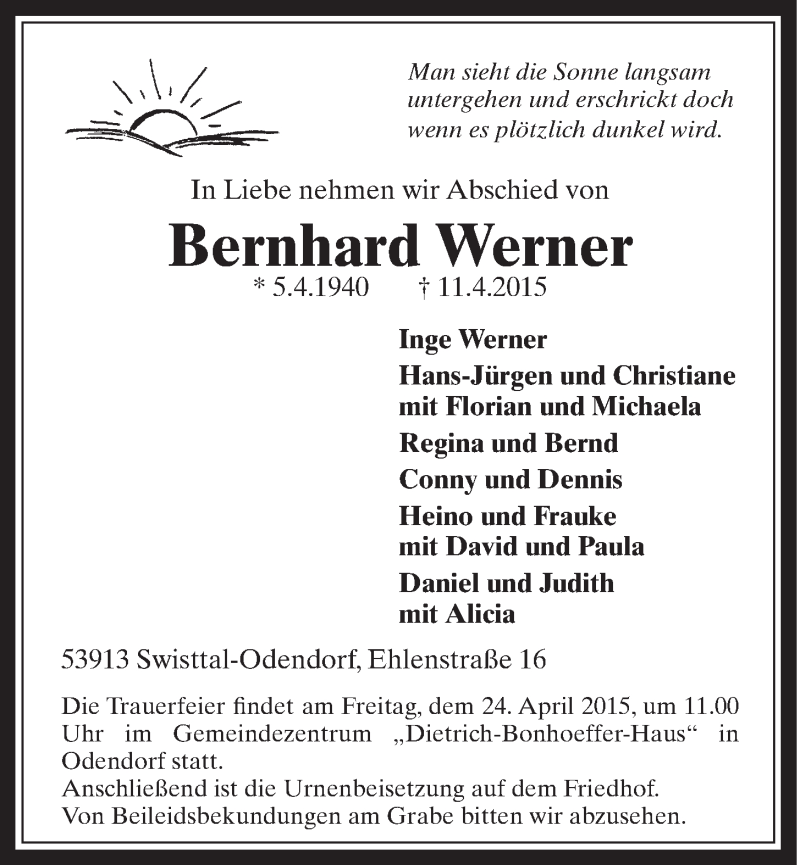  Traueranzeige für Bernhard Werner vom 22.04.2015 aus  Schaufenster/Blickpunkt 