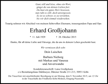 Anzeige von Erhard Großjohann von Kölner Stadt-Anzeiger / Kölnische Rundschau / Express