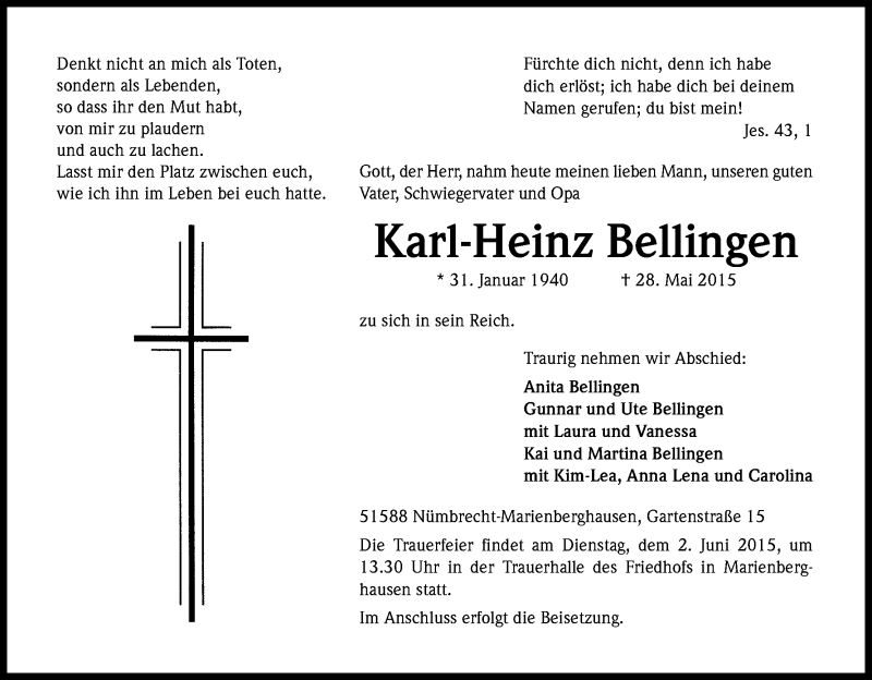  Traueranzeige für Karl-Heinz Bellingen vom 30.05.2015 aus Kölner Stadt-Anzeiger / Kölnische Rundschau / Express
