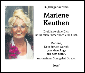 Anzeige von Marlene Keuthen von Kölner Stadt-Anzeiger / Kölnische Rundschau / Express
