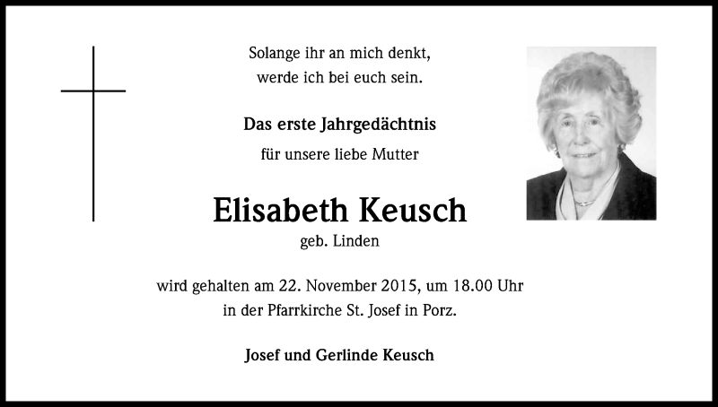  Traueranzeige für Elisabeth Keusch vom 18.11.2015 aus Kölner Stadt-Anzeiger / Kölnische Rundschau / Express