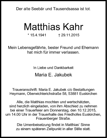 Anzeige von Matthias Kahr von Kölner Stadt-Anzeiger / Kölnische Rundschau / Express