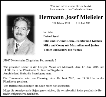 Anzeige von Hermann Josef Mießeler von Kölner Stadt-Anzeiger / Kölnische Rundschau / Express