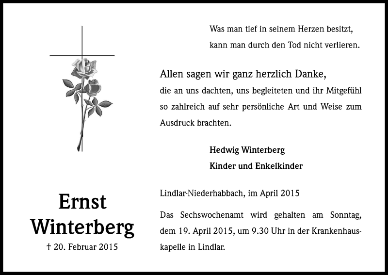  Traueranzeige für Ernst Winterberg vom 04.04.2015 aus Kölner Stadt-Anzeiger / Kölnische Rundschau / Express