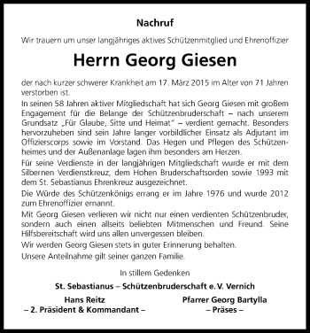 Anzeige von Georg Giesen von Kölner Stadt-Anzeiger / Kölnische Rundschau / Express