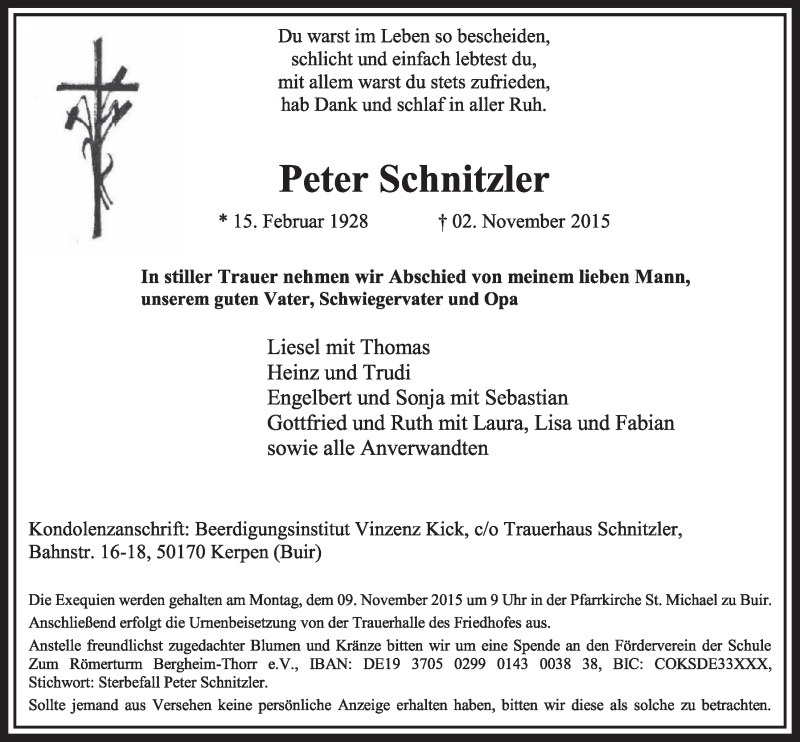  Traueranzeige für Peter Schnitzler vom 07.11.2015 aus  Sonntags-Post 