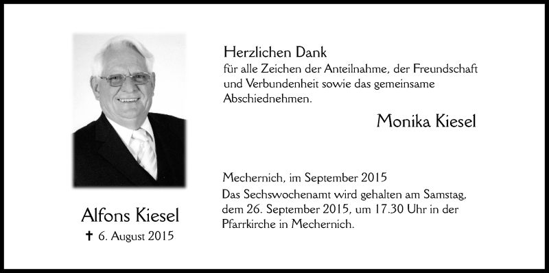  Traueranzeige für Alfons Kiesel vom 13.09.2015 aus  Blickpunkt Euskirchen 