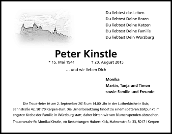 Anzeige von Peter Kinstle von Kölner Stadt-Anzeiger / Kölnische Rundschau / Express