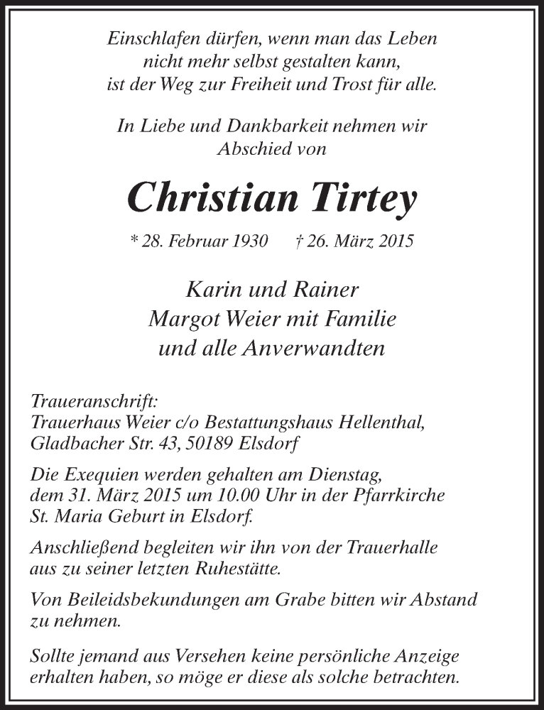  Traueranzeige für Christian Tirtey vom 28.03.2015 aus  Sonntags-Post 