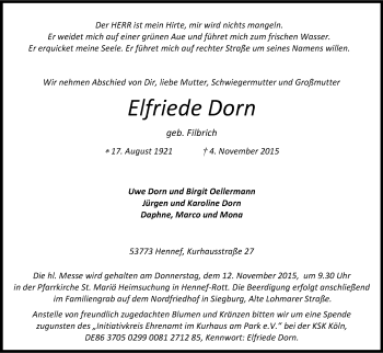 Anzeige von Elfriede Dorn von Kölner Stadt-Anzeiger / Kölnische Rundschau / Express