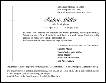 Anzeige von Helmi Müller von Kölner Stadt-Anzeiger / Kölnische Rundschau / Express