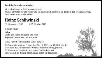 Anzeige von Heinz Schliwinski von Kölner Stadt-Anzeiger / Kölnische Rundschau / Express